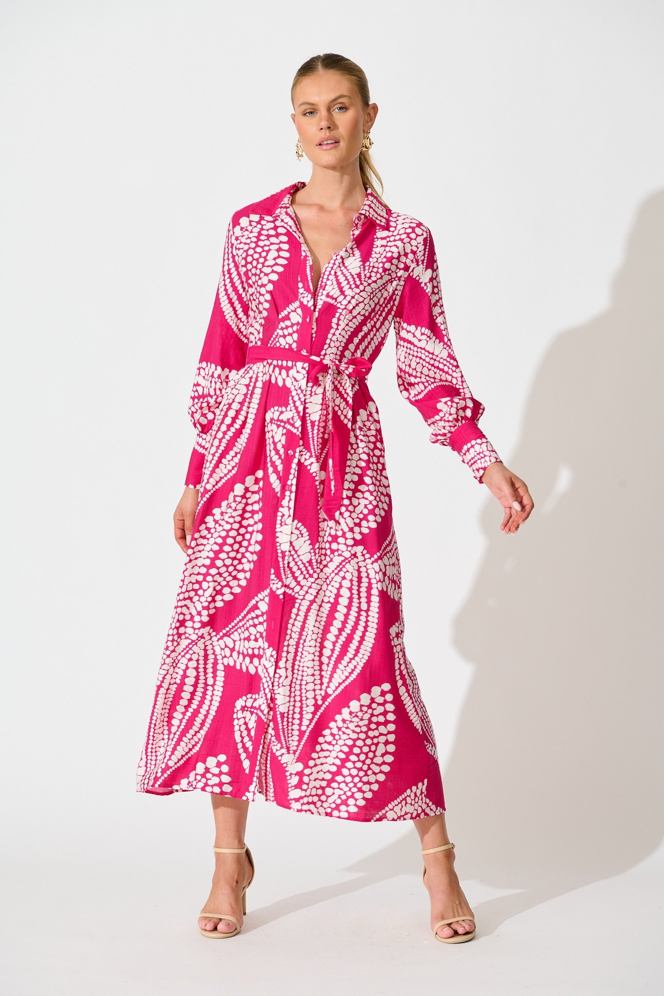 Clara Maxi Shirt Dress in Magenta with White Print