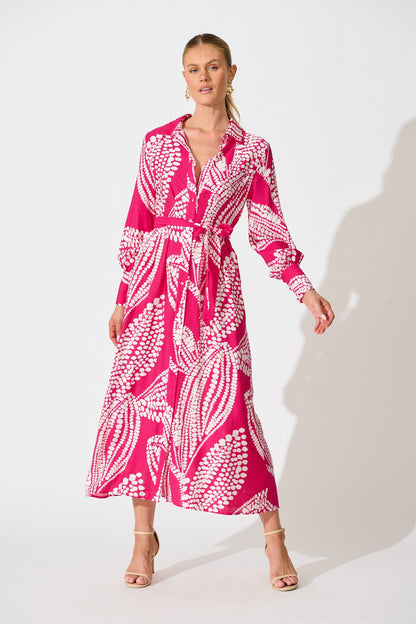 Clara Maxi Shirt Dress in Magenta with White Print