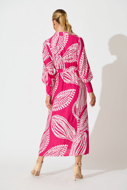 Clara Maxi Shirt Dress in Magenta with White Print