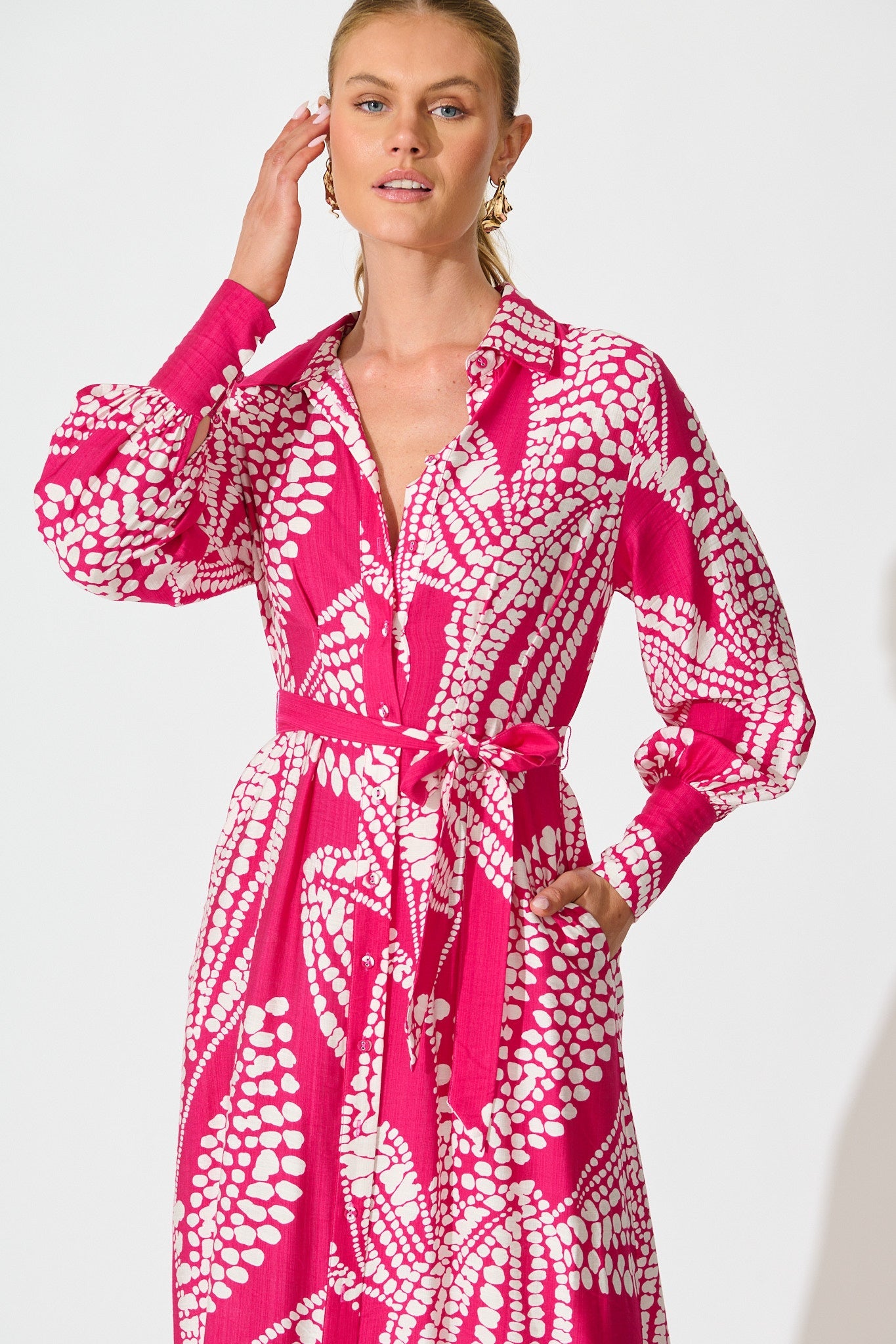 Clara Maxi Shirt Dress in Magenta with White Print