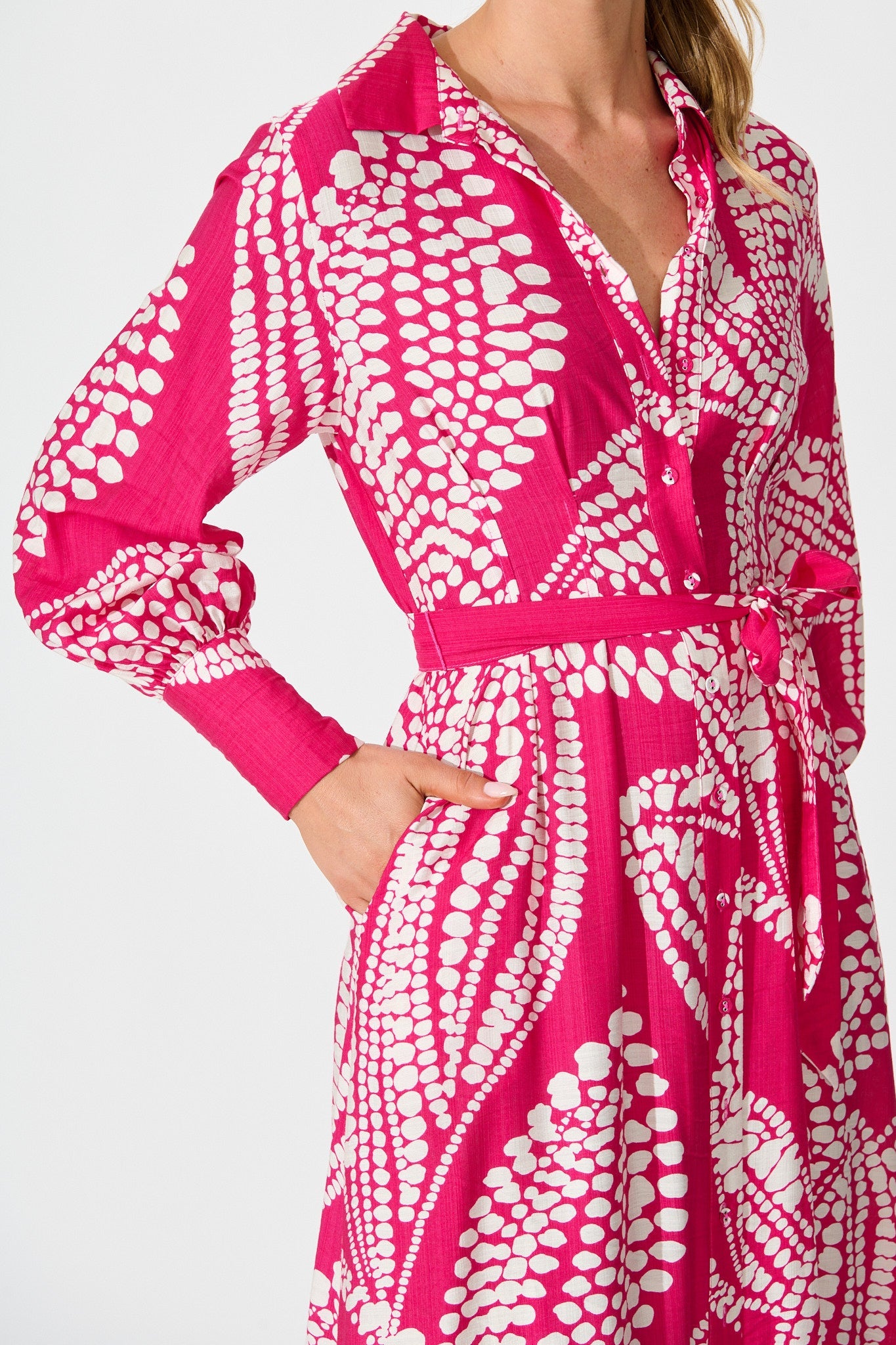 Clara Maxi Shirt Dress in Magenta with White Print