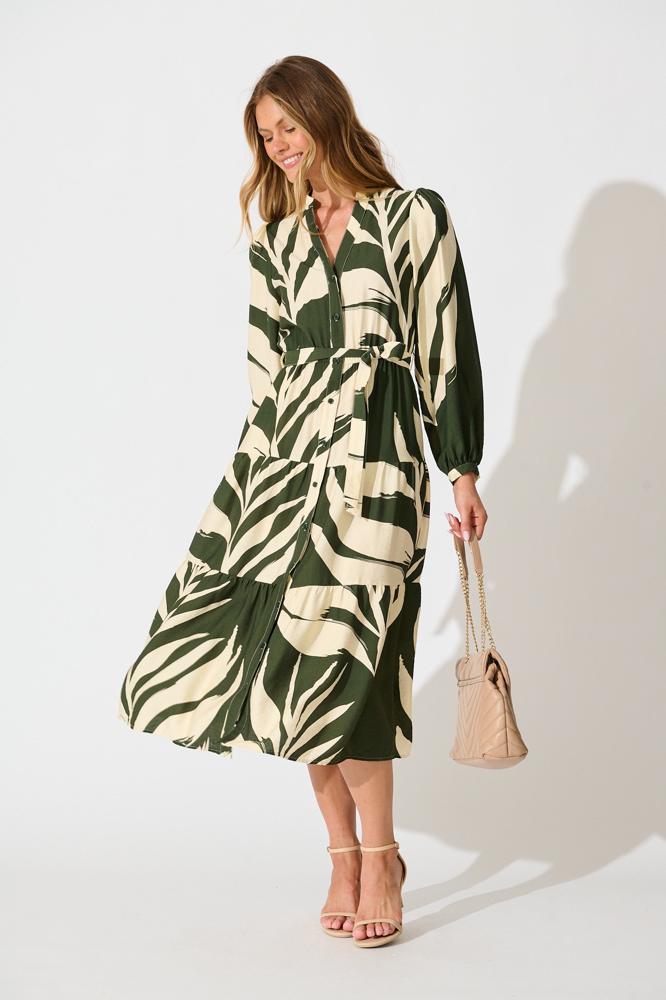 Maribelle Dress in Green with Cream Leaf Print