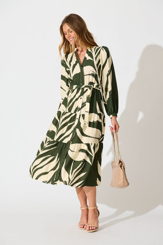 Maribelle Dress in Green with Cream Leaf Print