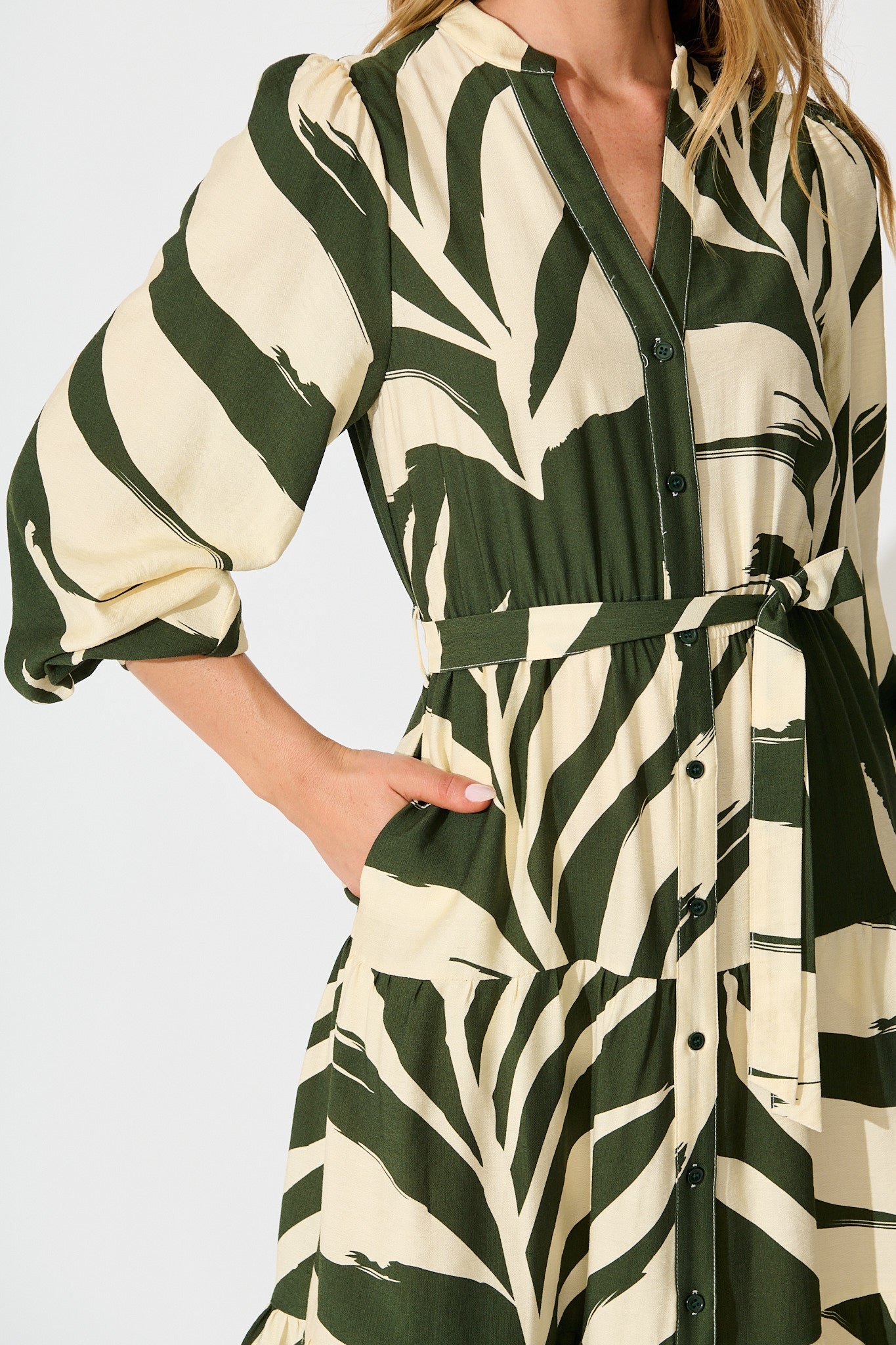 Maribelle Dress in Green with Cream Leaf Print