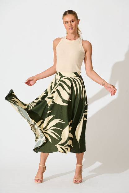 Aria Midi Skirt in Green and Cream Leaf Print