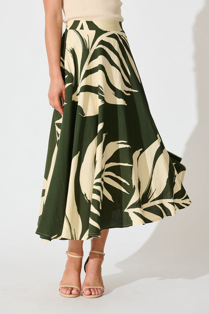 Aria Midi Skirt in Green and Cream Leaf Print