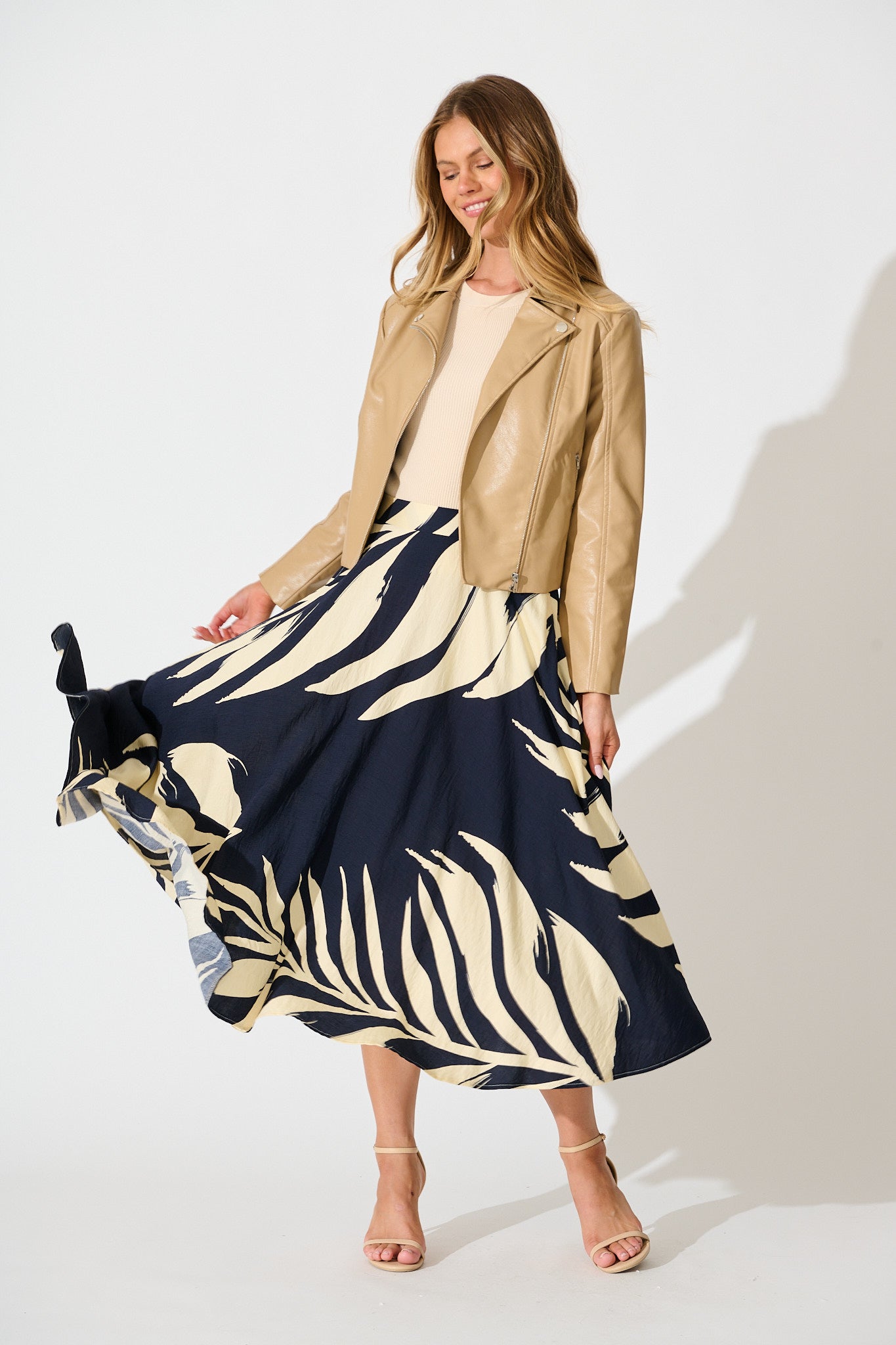 Aria Midi Skirt in Navy and Cream Leaf Print