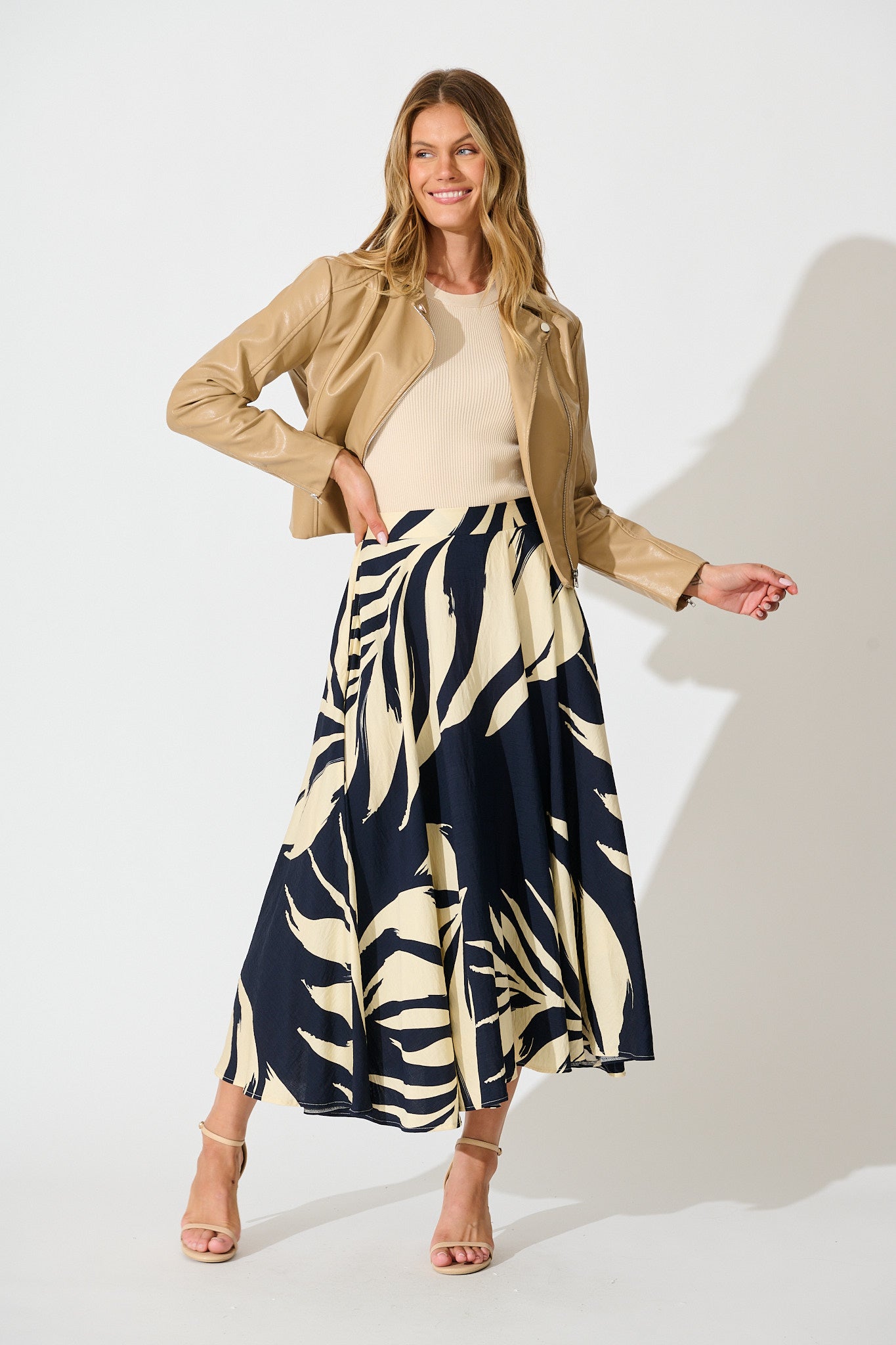 Aria Midi Skirt in Navy and Cream Leaf Print