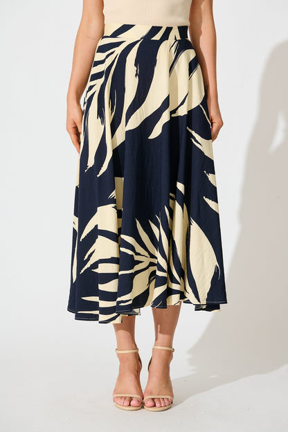 Aria Midi Skirt in Navy and Cream Leaf Print