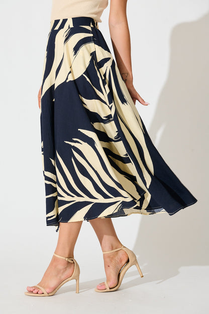 Aria Midi Skirt in Navy and Cream Leaf Print