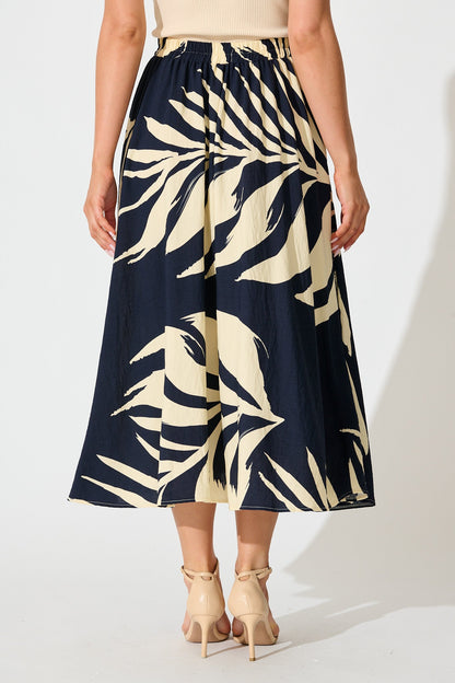 Aria Midi Skirt in Navy and Cream Leaf Print