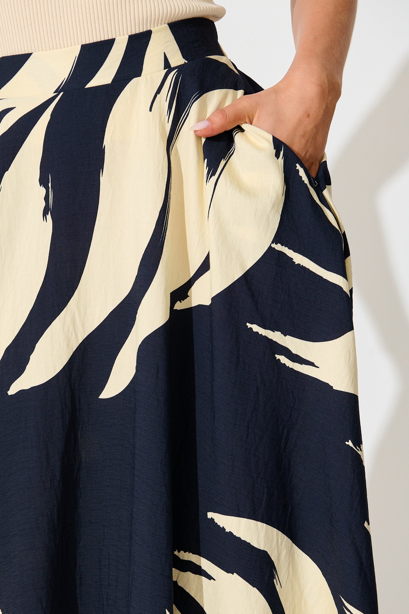 Aria Midi Skirt in Navy and Cream Leaf Print