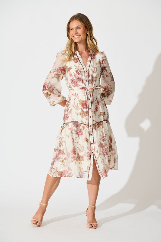 Isobel Midi Dress in Cream with Multi Pink Floral