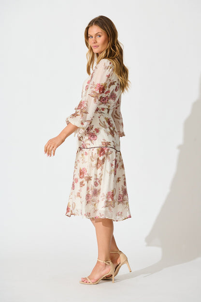Isobel Midi Dress in Cream with Multi Pink Floral