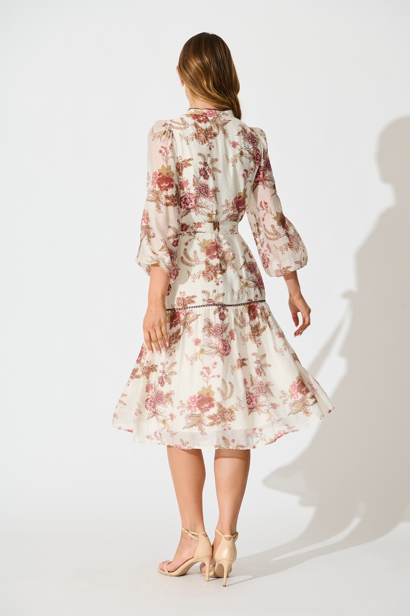Isobel Midi Dress in Cream with Multi Pink Floral