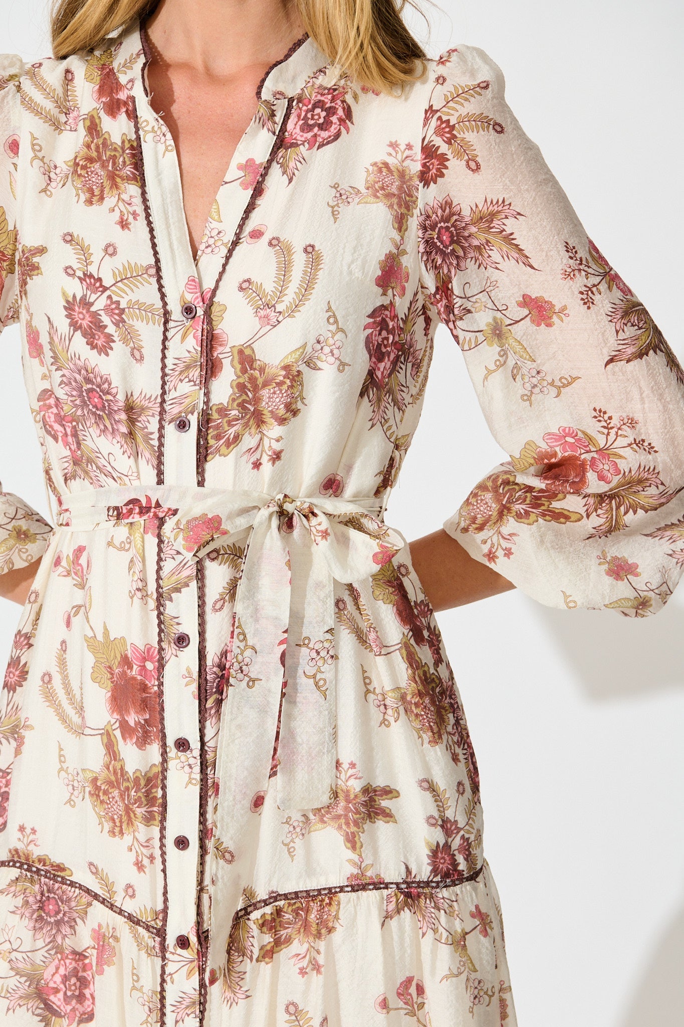 Isobel Midi Dress in Cream with Multi Pink Floral