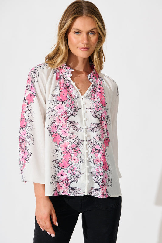 Reyna Top in White with Pink Floral Placement Linen Blend
