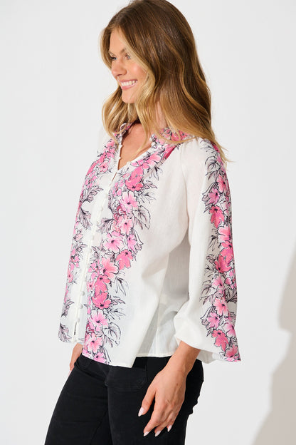 Reyna Top in White with Pink Floral Placement Linen Blend