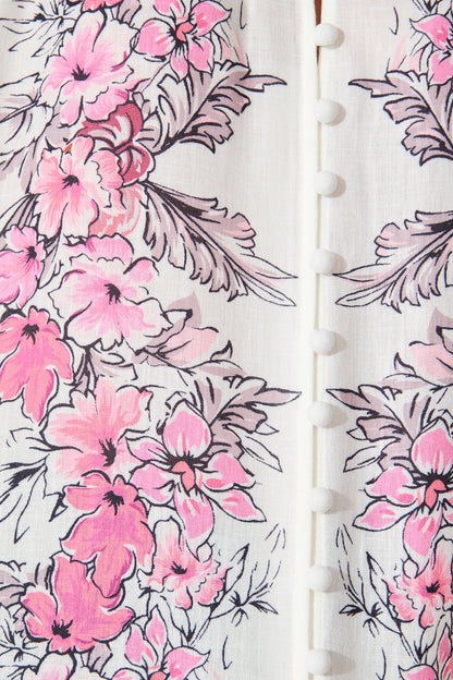 Reyna Top in White with Pink Floral Placement Linen Blend