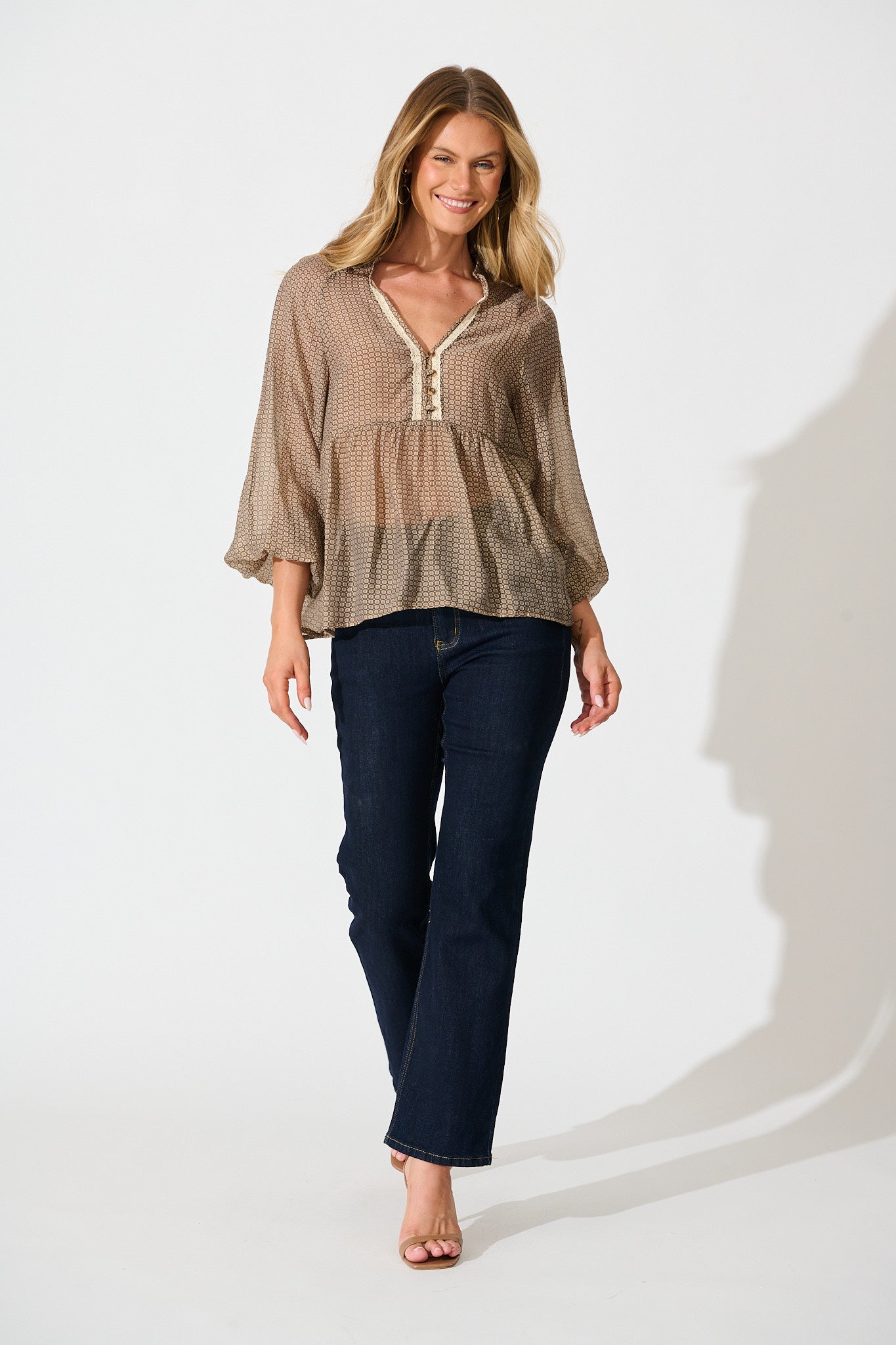 Santiago Smock Top in Brown Tile Print