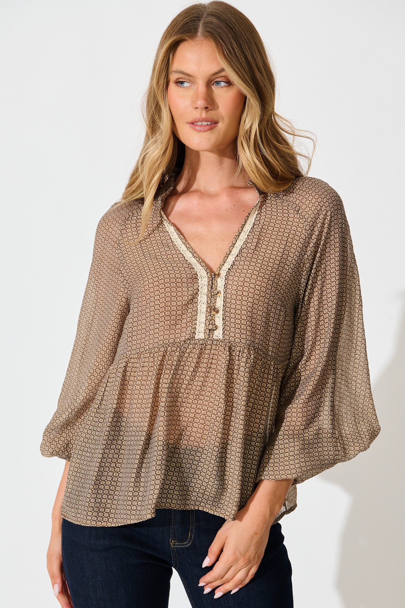 Santiago Smock Top in Brown Tile Print