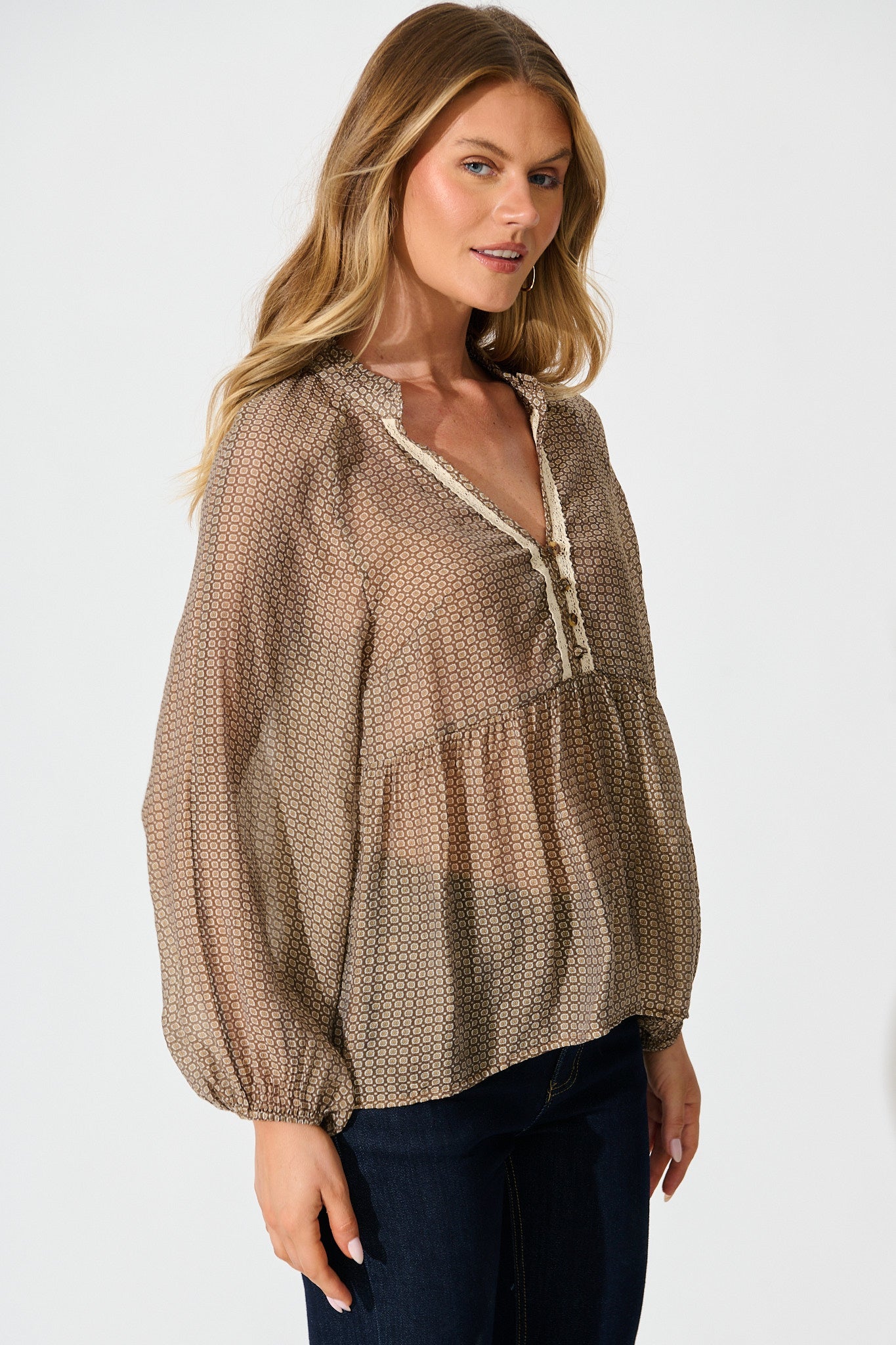 Santiago Smock Top in Brown Tile Print
