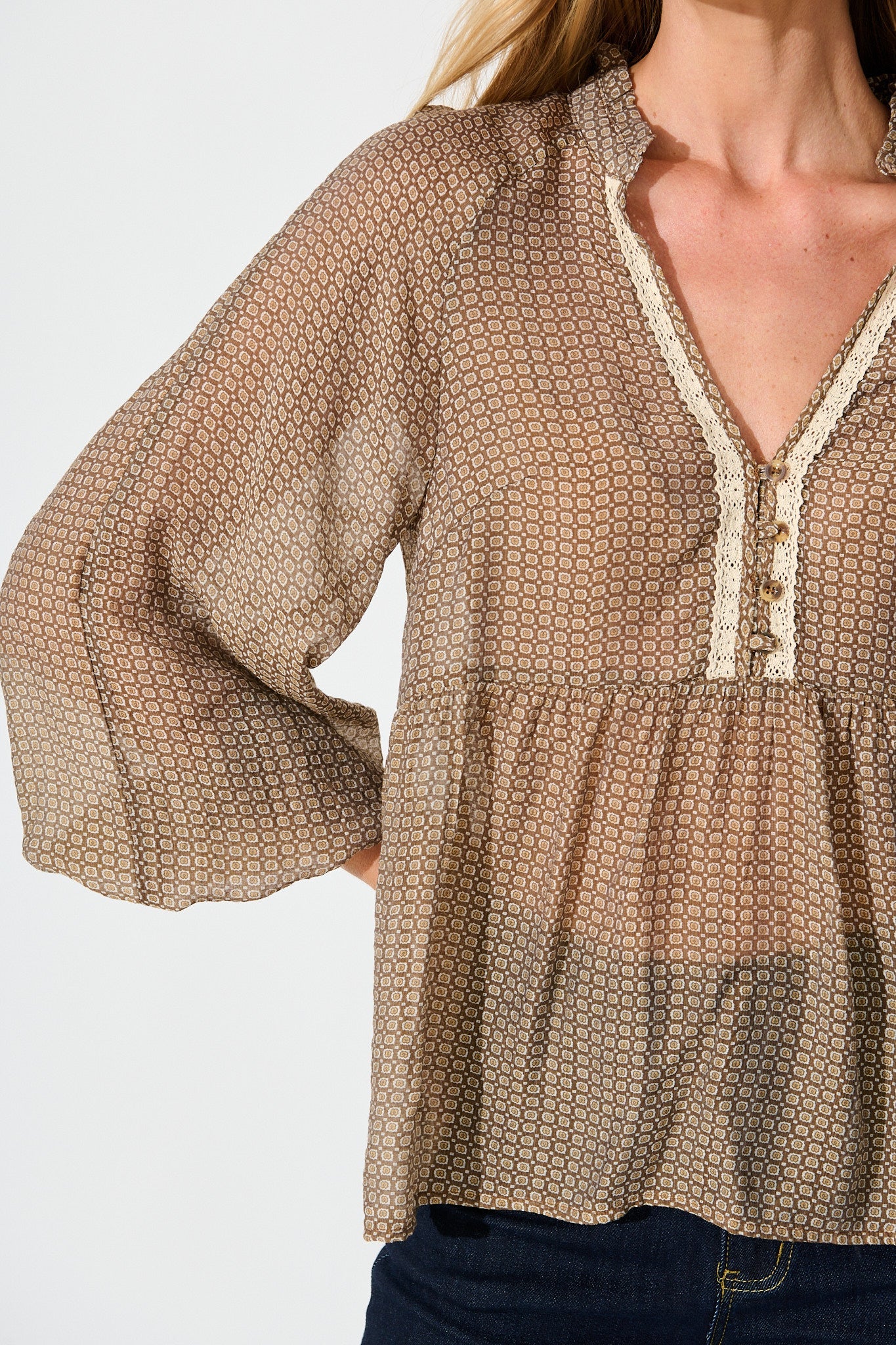Santiago Smock Top in Brown Tile Print
