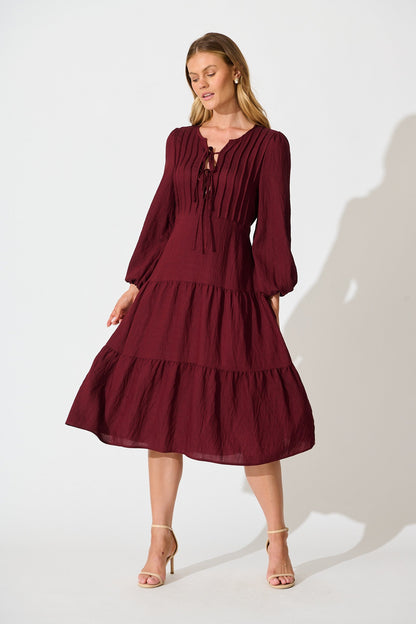 Marietta Tie Front Midi Dress in Wine