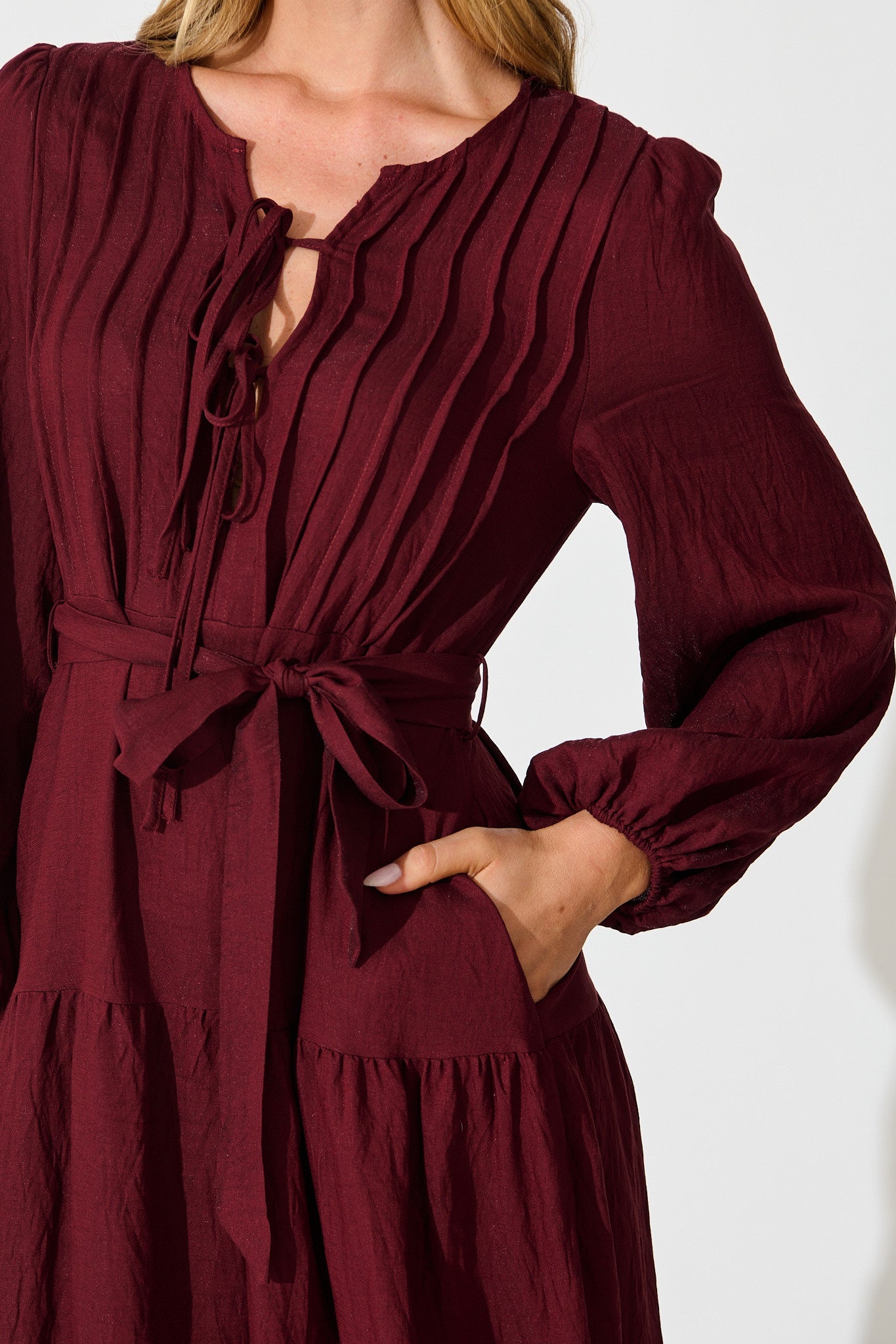 Marietta Tie Front Midi Dress in Wine