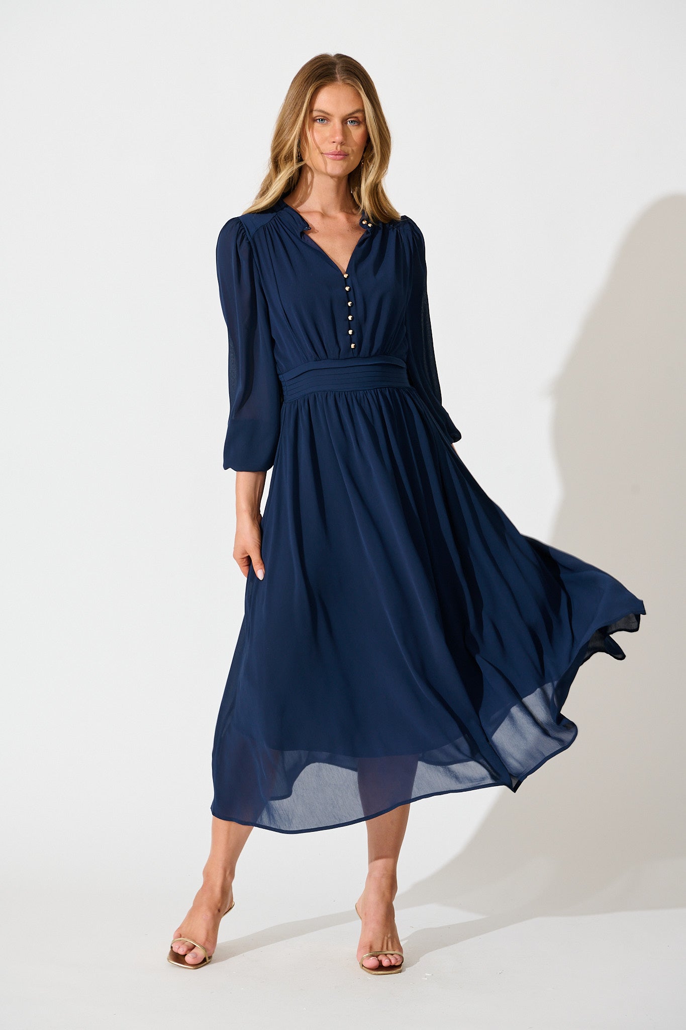 Lustre Midi Dress In Navy Chiffon