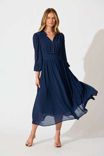 Lustre Midi Dress In Navy Chiffon