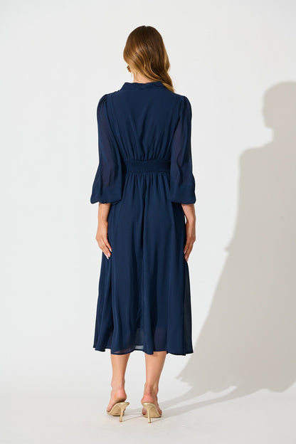 Lustre Midi Dress In Navy Chiffon