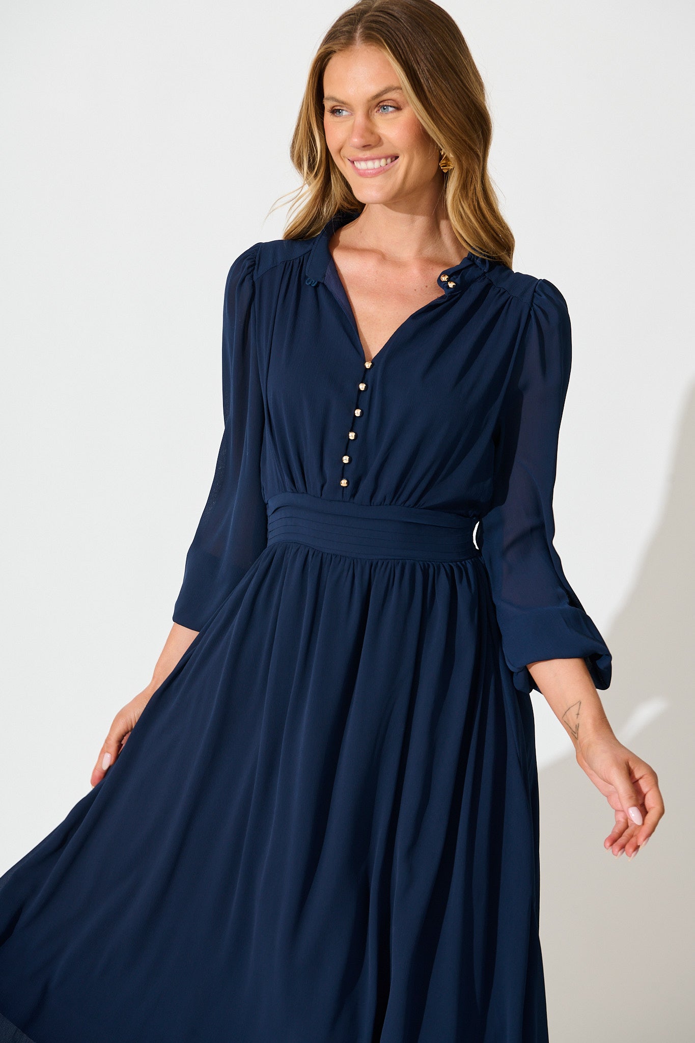 Lustre Midi Dress In Navy Chiffon