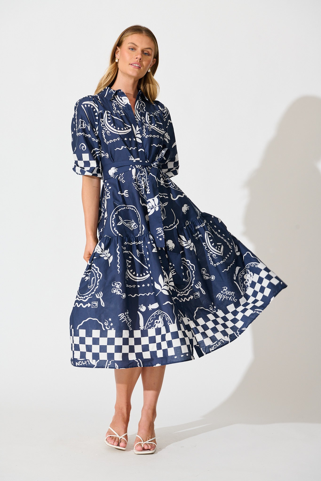 Demi Midi Shirt Dress in Navy with White Cotton