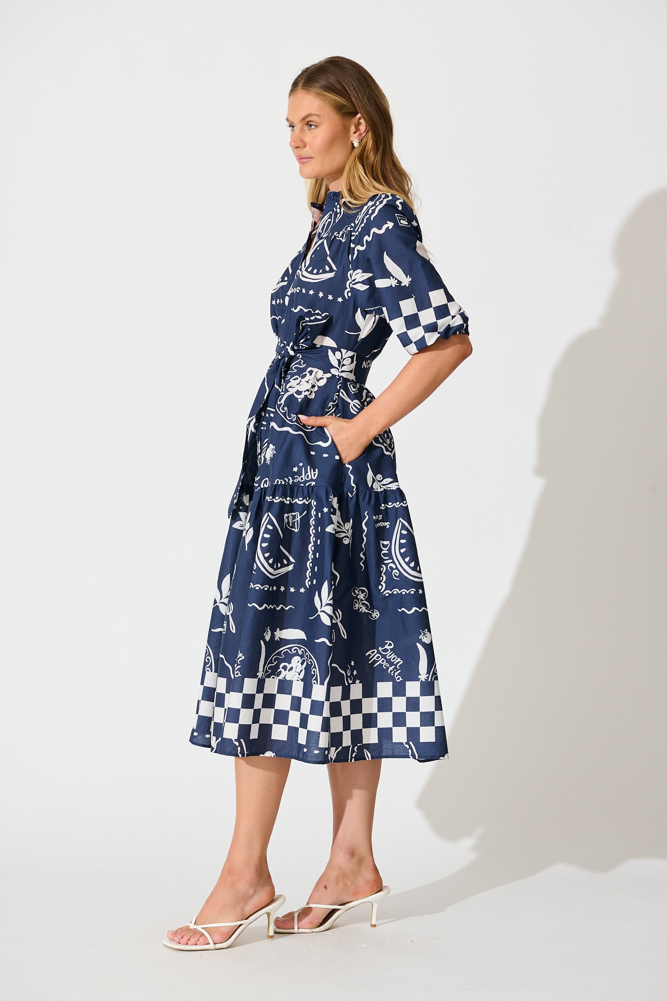 Demi Midi Shirt Dress in Navy with White Cotton