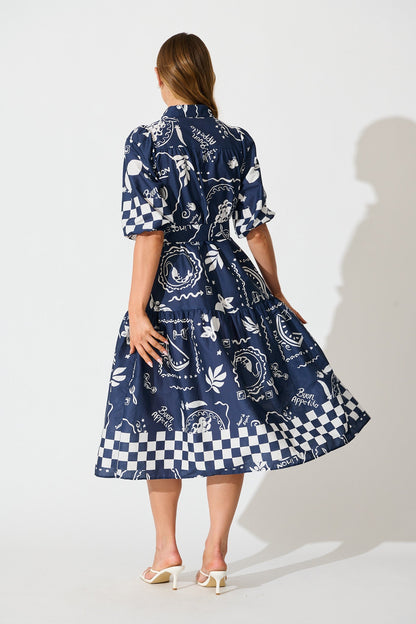 Demi Midi Shirt Dress in Navy with White Cotton