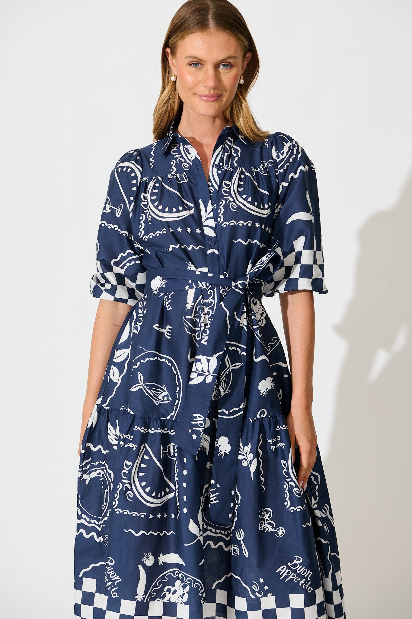 Demi Midi Shirt Dress in Navy with White Cotton