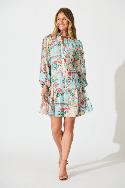 Capricorn Dress in Green with Multi Floral Print