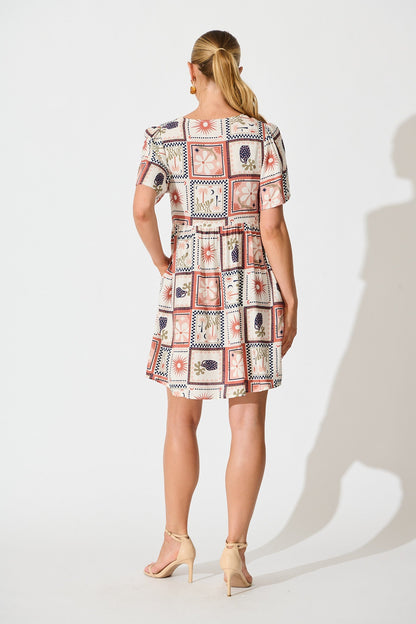 Transcend Dress in Cream With Rust Multi Patchwork Print