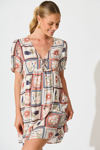 Transcend Dress in Cream With Rust Multi Patchwork Print