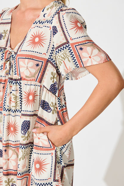 Transcend Dress in Cream With Rust Multi Patchwork Print