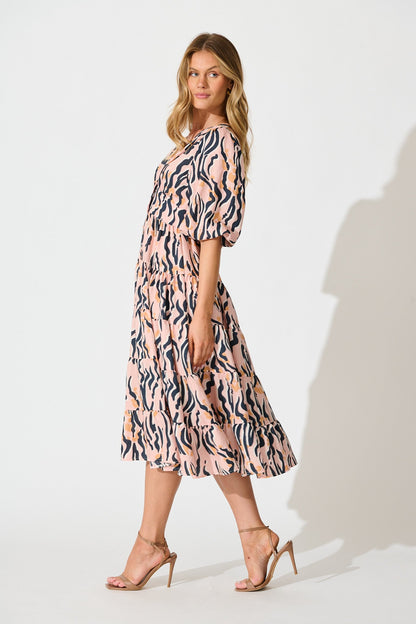 Copenhagen Midi Dress in Blush with Black Print