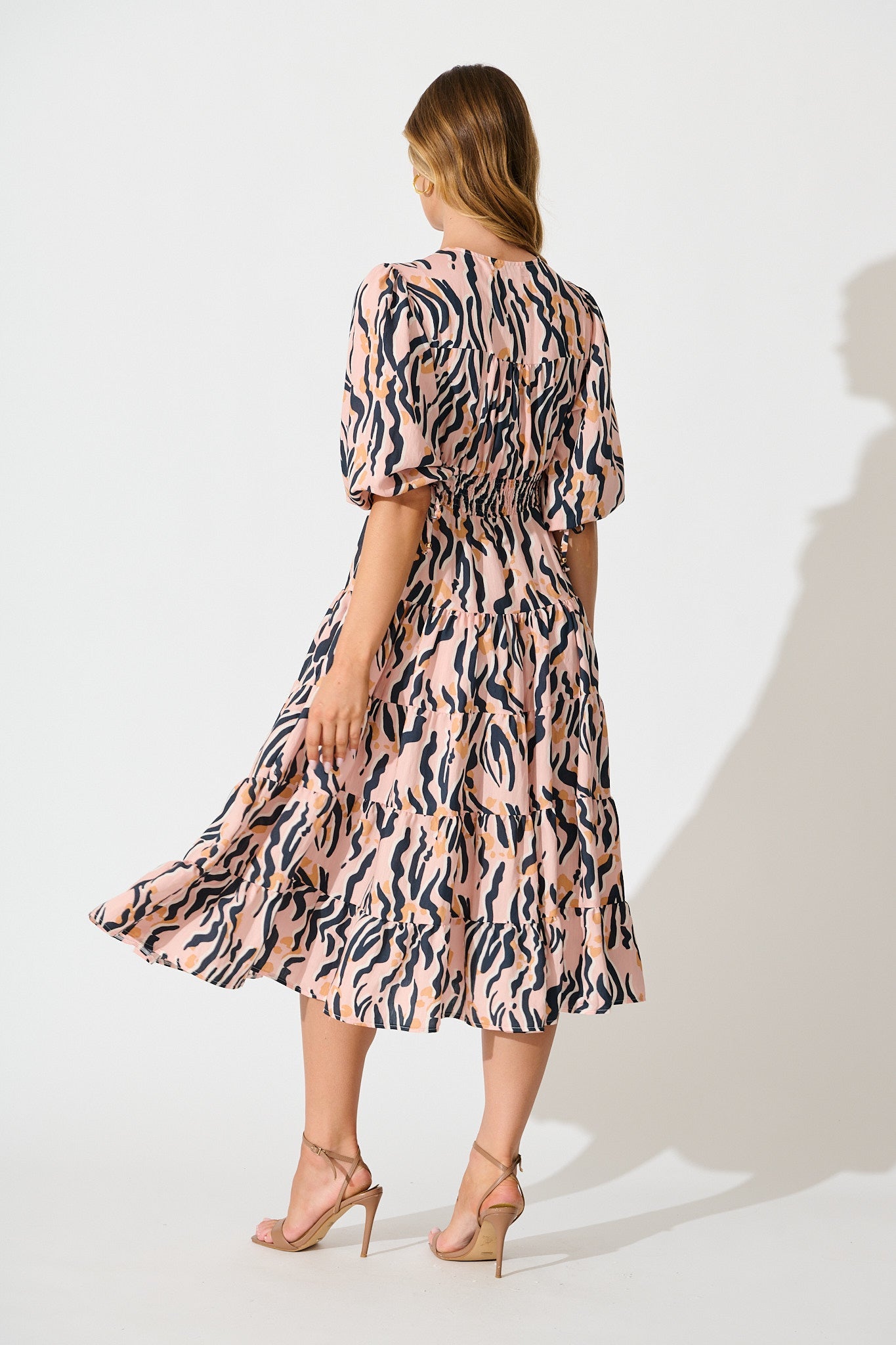 Copenhagen Midi Dress in Blush with Black Print