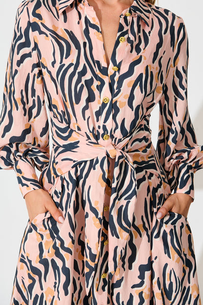 Ciao Bella Maxi Shirt Dress in Blush with Black Print