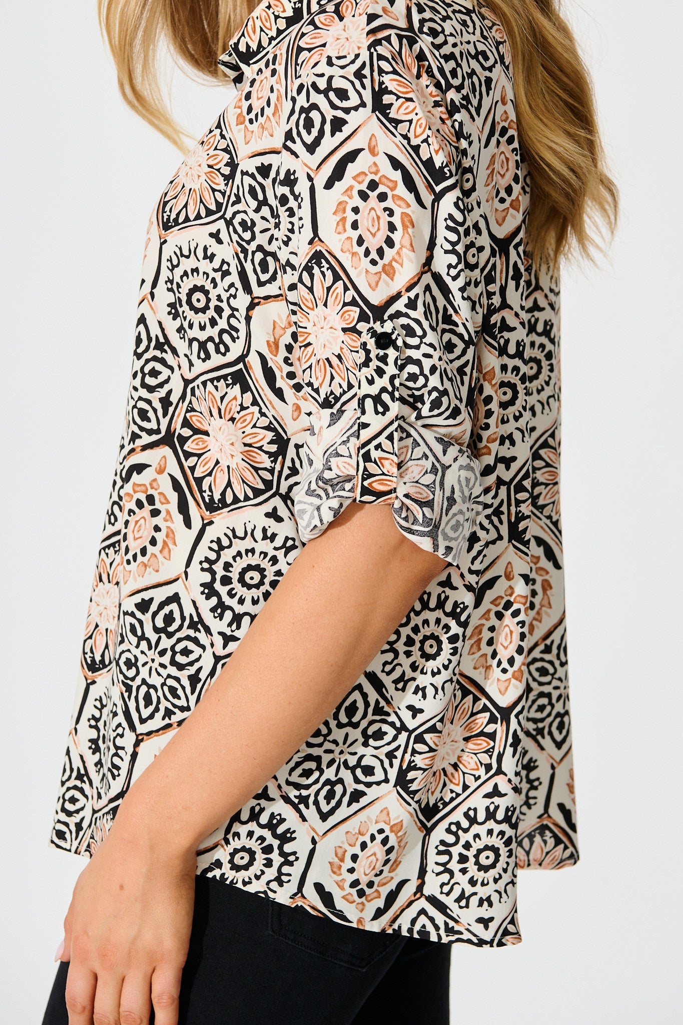 Like a Charm Shirt in Cream With Rust Tile Print