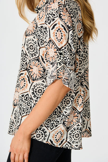 Like a Charm Shirt in Cream With Rust Tile Print