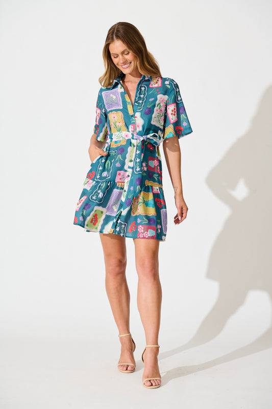 Monte Carlo Shirt Dress in Teal Multi Stamp Print Linen Blend