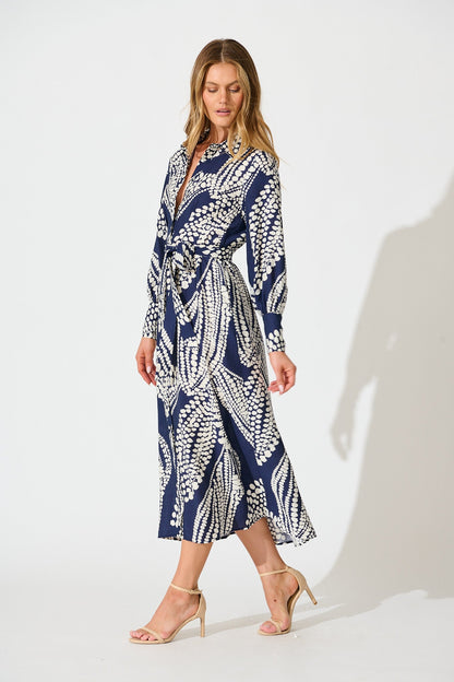 Clara Maxi Shirt Dress in Navy with White Print
