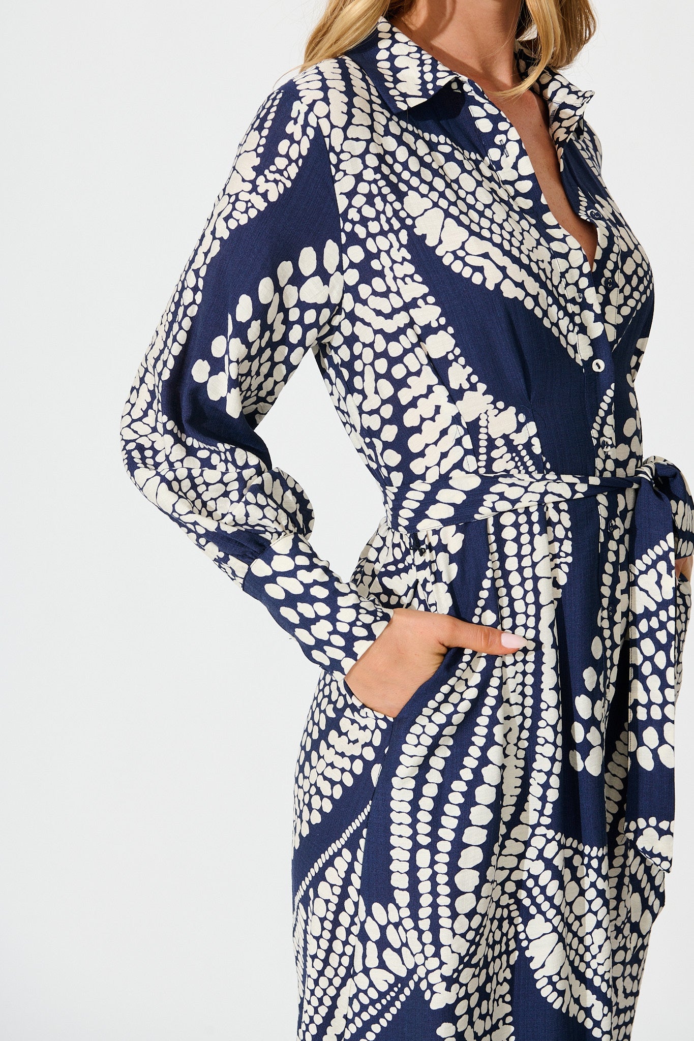 Clara Maxi Shirt Dress in Navy with White Print
