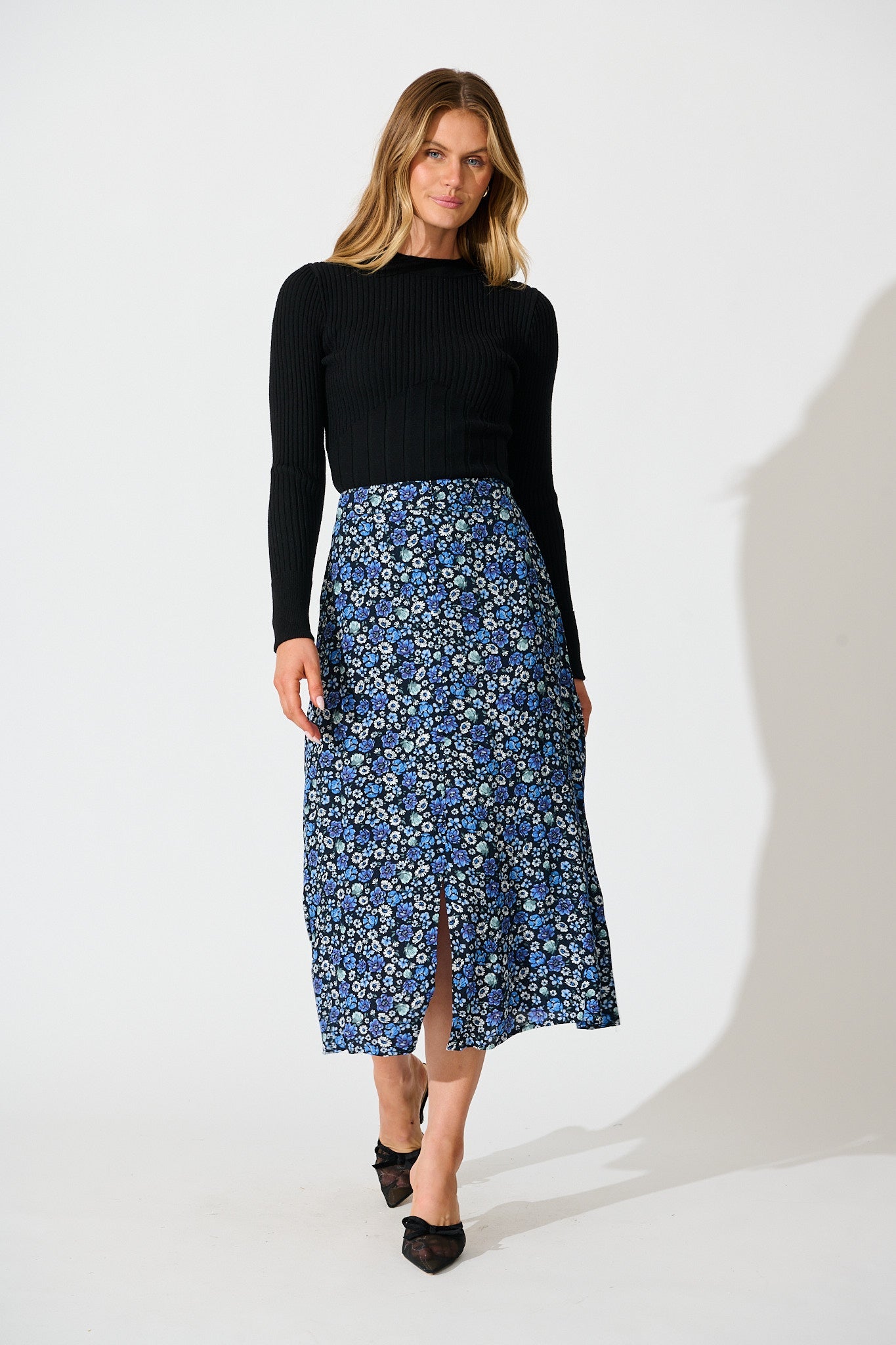 Flourish Midi Skirt in Navy with Blue Floral
